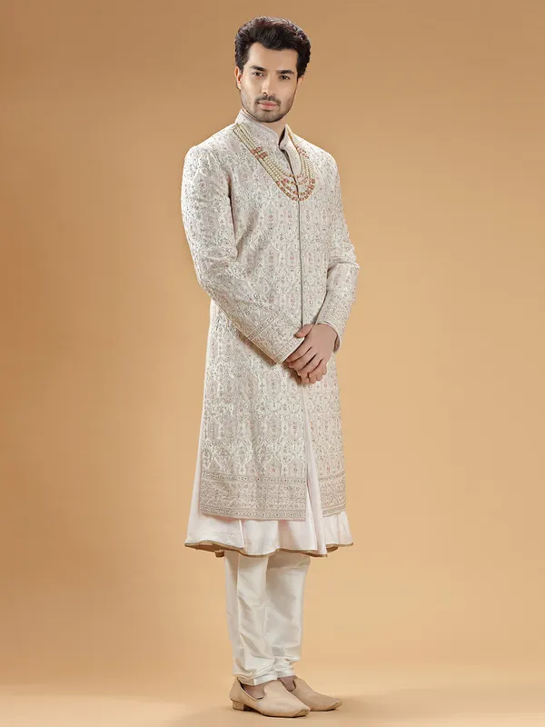 Designer peach raw silk sherwani