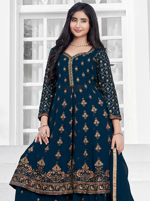 Designer pecock blue georgette palazzo suit