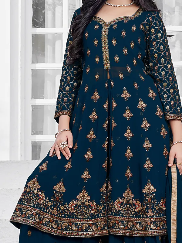 Designer pecock blue georgette palazzo suit