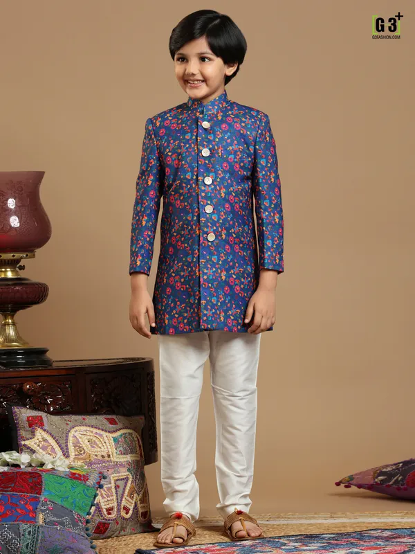 Designer royal blue color printed silk fabric indowestern