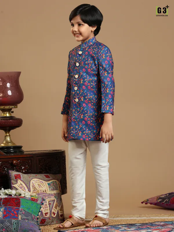 Designer royal blue color printed silk fabric indowestern