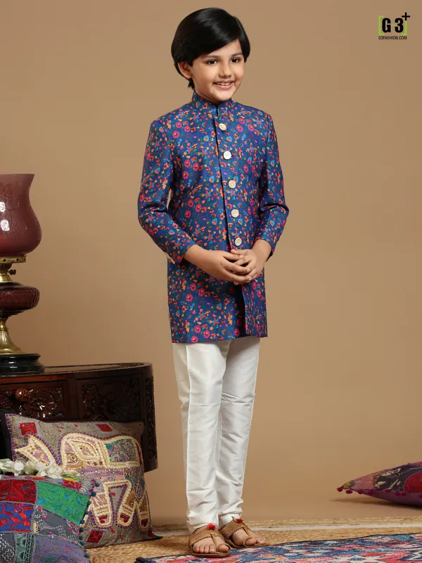 Designer royal blue color printed silk fabric indowestern