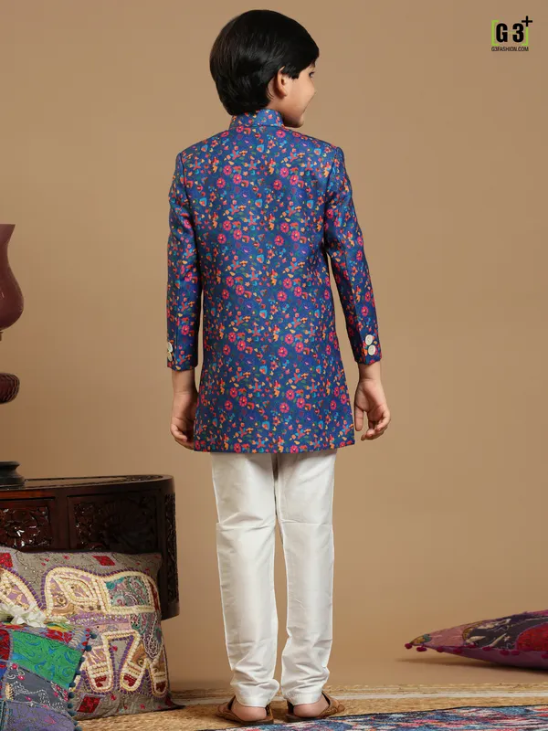 Designer royal blue color printed silk fabric indowestern