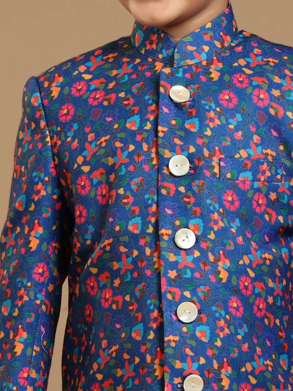 Designer royal blue color printed silk fabric indowestern