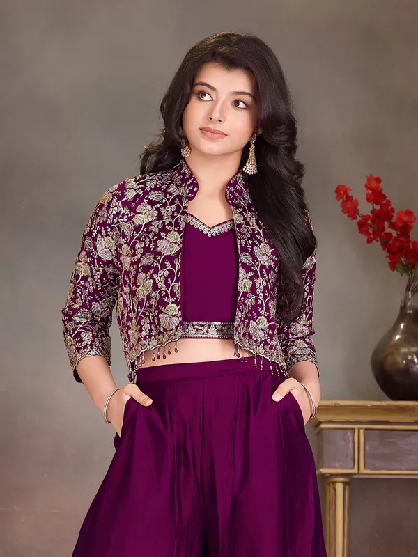Designer wine crepe silk jacket palazzo suit