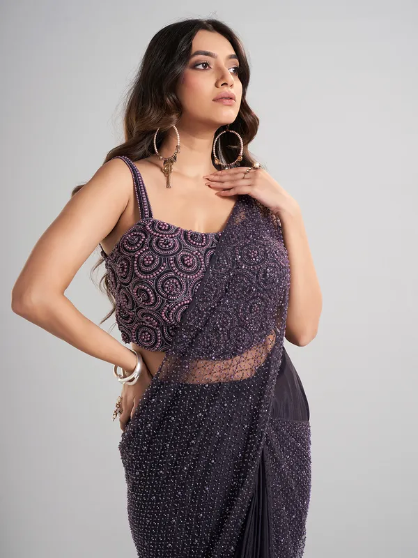 Designer wine ready to wear saree for evening party wear