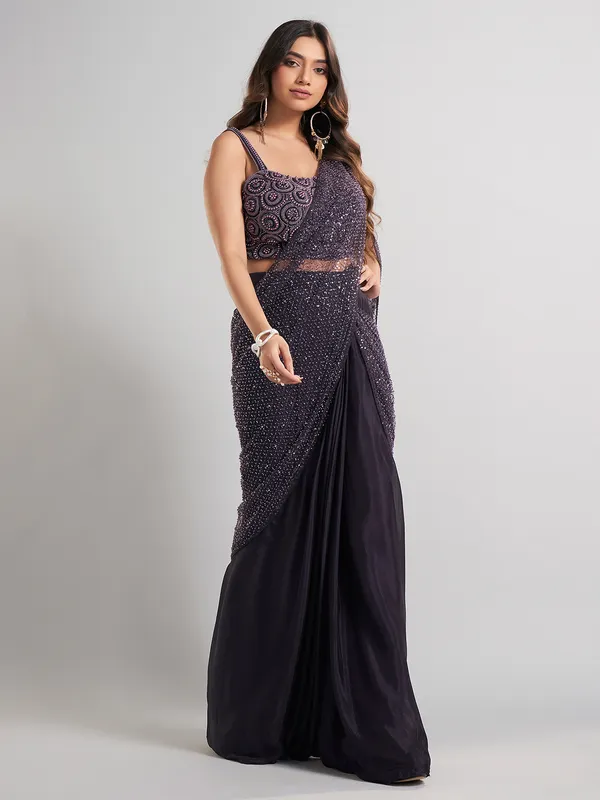 Designer wine ready to wear saree for evening party wear