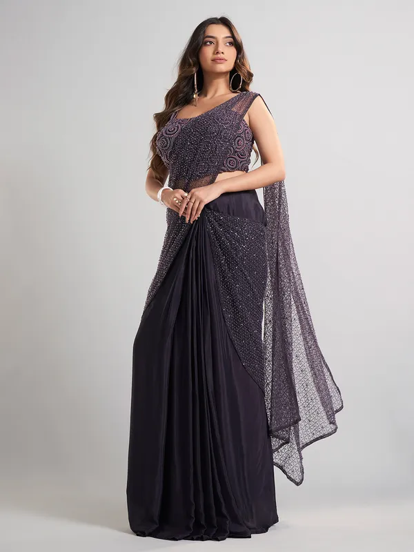 Designer wine ready to wear saree for evening party wear