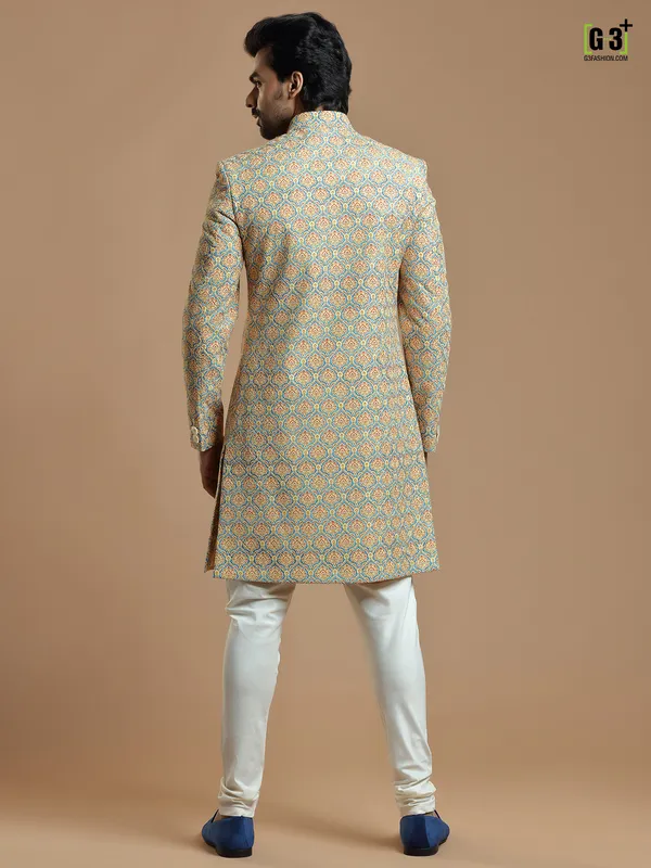Designer yellow color printed silk fabric indowestern