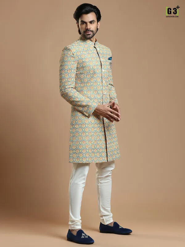 Designer yellow color printed silk fabric indowestern