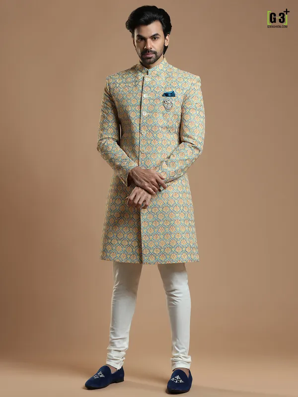 Designer yellow color printed silk fabric indowestern