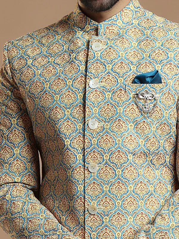 Designer yellow color printed silk fabric indowestern