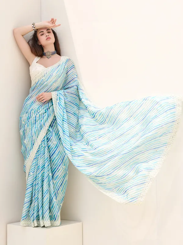 Designerd blue printed tissue silk saree