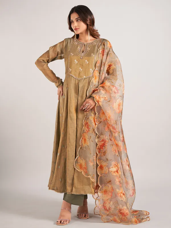 Dhoop chav Brown green soft silk salwar suit