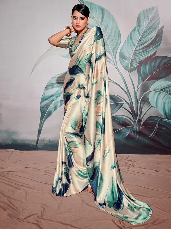 Digital printed cream satin crepe saree