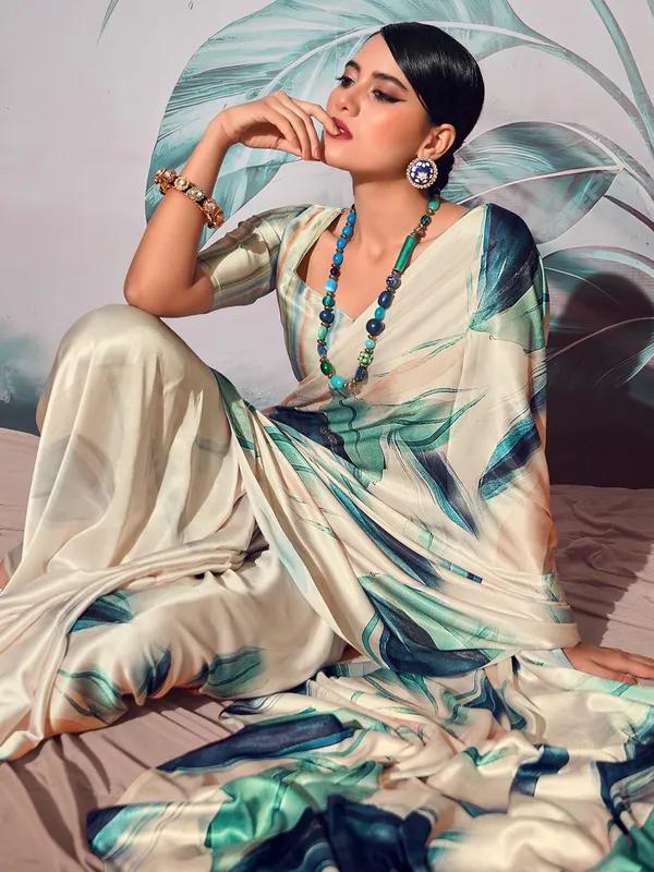 Digital printed cream satin crepe saree