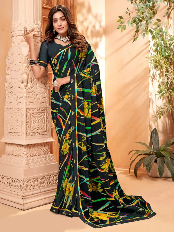 Digital printed georgette black saree