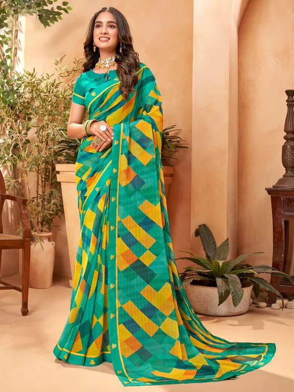 Digital printed georgette rama green saree