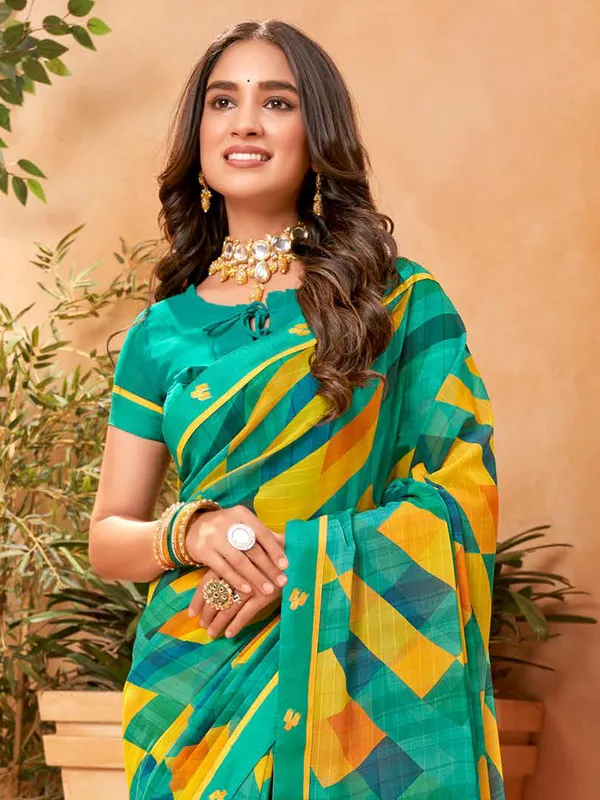 Digital printed georgette rama green saree