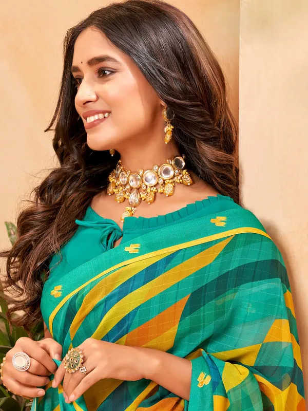 Digital printed georgette rama green saree