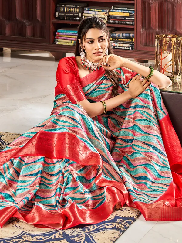 Digital printed multi color satin saree