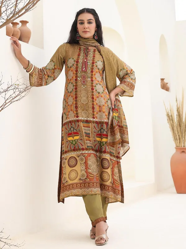 Dola silk kurti set in printed olive