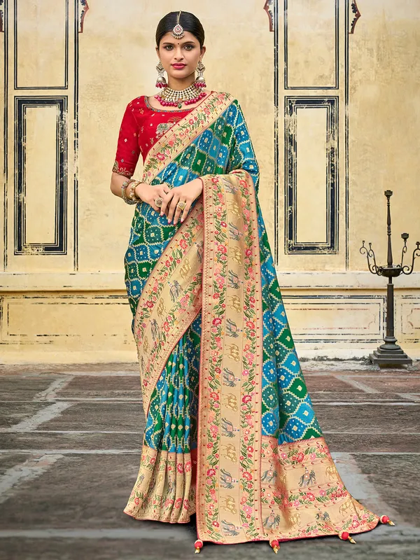 Dola silk turquoise blue wedding wear in printed