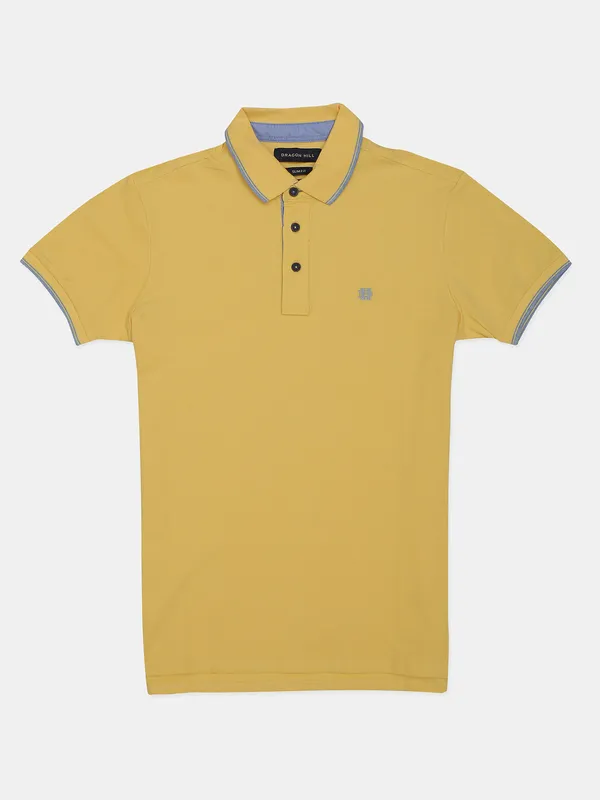 Dragon Hill solid yellow cotton casual polo t-shirt