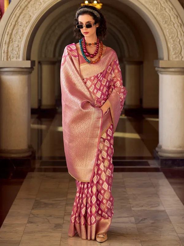 Dull magenta zari worked saree in tissue silk