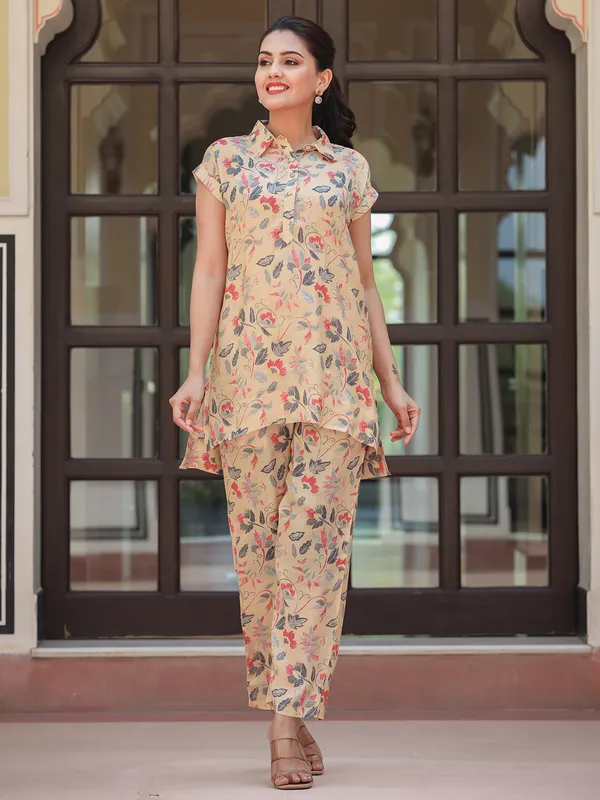 Beige cotton printed casual co ord set
