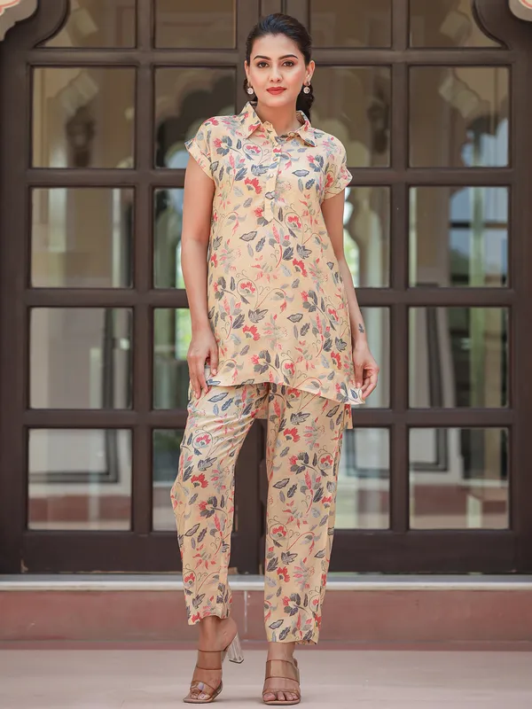 Beige cotton printed casual co ord set