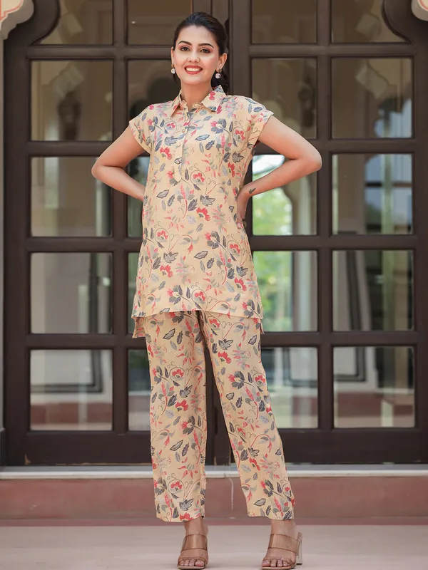 Beige cotton printed casual co ord set