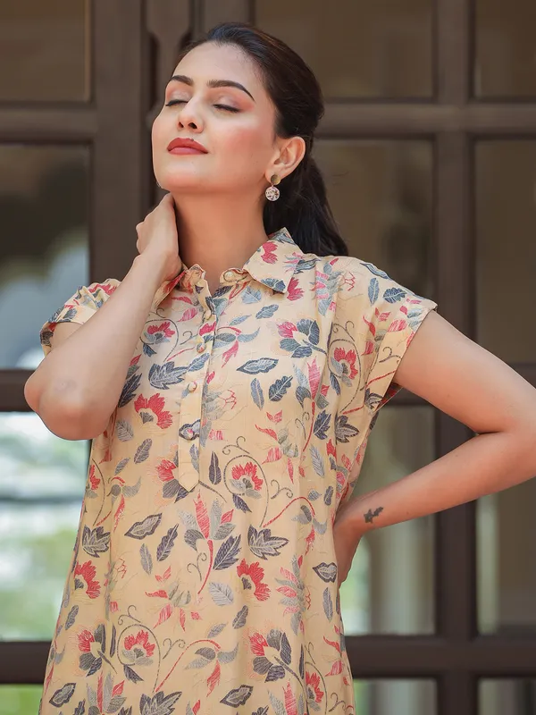 Beige cotton printed casual co ord set