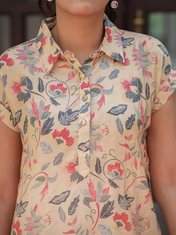 Beige cotton printed casual co ord set
