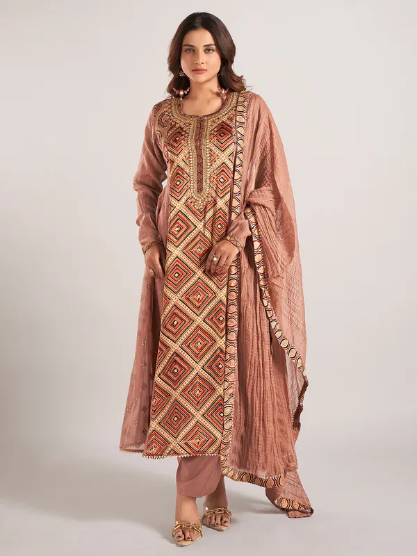 Dusty beige printed cotton silk salwar suit for women