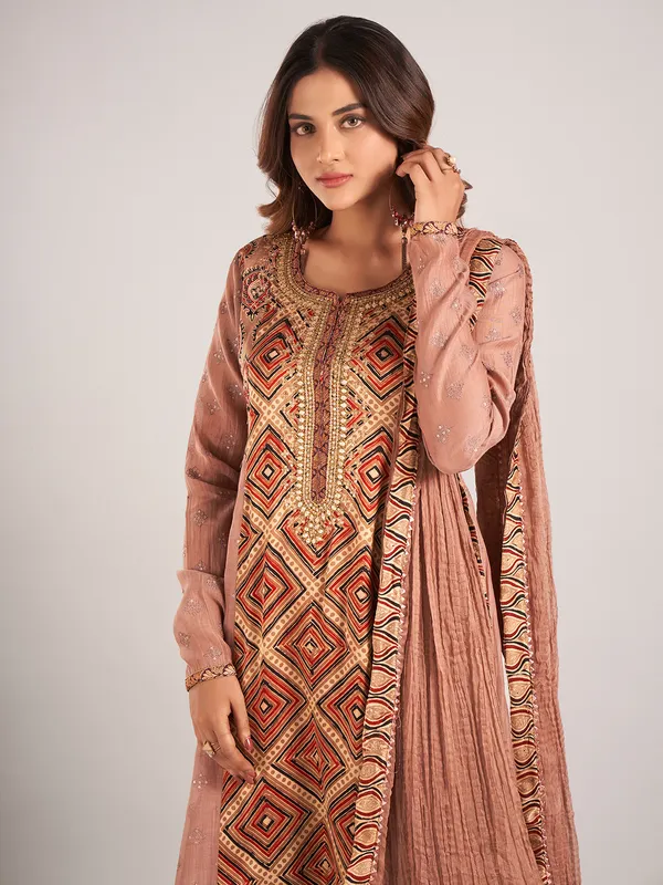 Dusty beige printed cotton silk salwar suit for women
