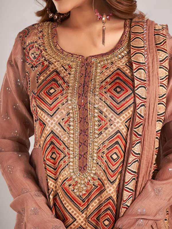 Dusty beige printed cotton silk salwar suit for women