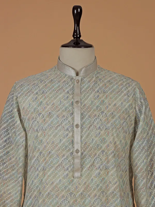 Dusty beige printed silk kurta suit for men