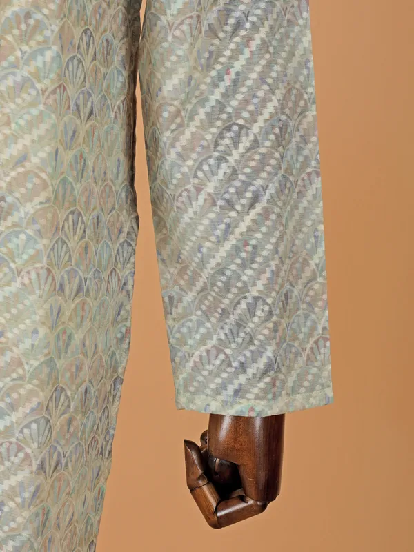 Dusty beige printed silk kurta suit for men