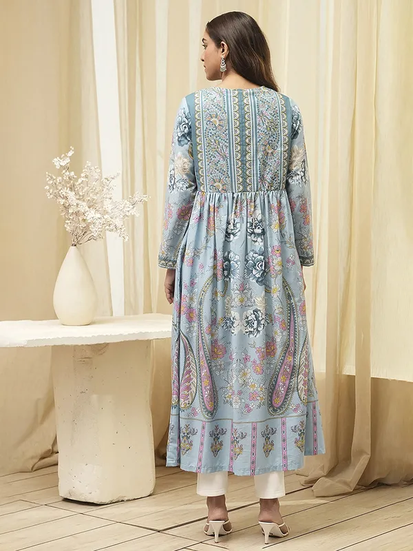 Dusty light blue printed silk kurti