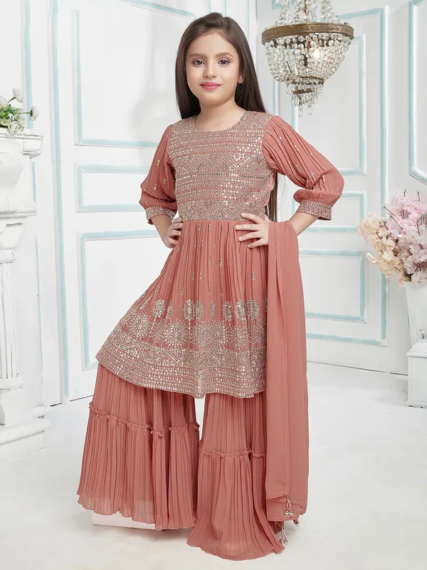 Dusty peach georgette sharara suit with dupatta