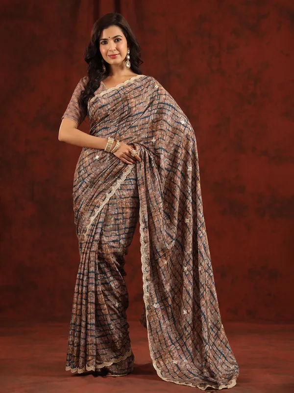 Dusty peach muslin silk printed saree