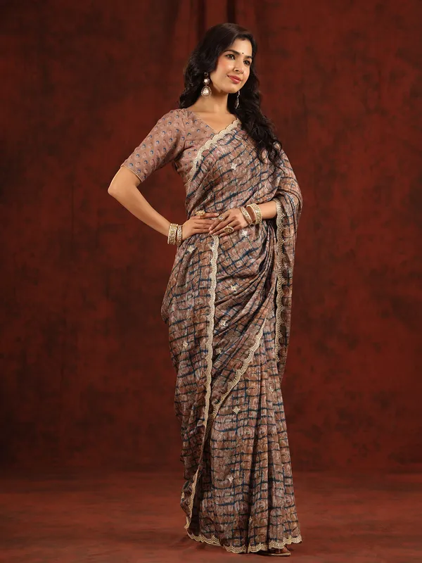 Dusty peach muslin silk printed saree