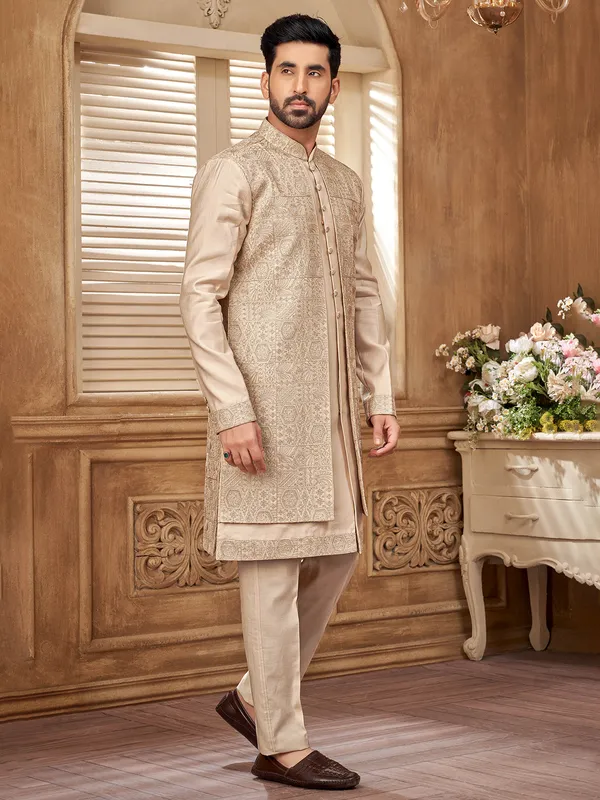 Dusty peach raw silk indowestern jacket for a classy appeal