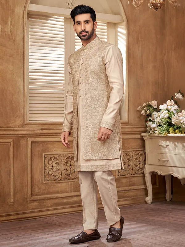 Dusty peach raw silk indowestern jacket for a classy appeal