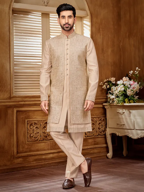 Dusty peach raw silk indowestern jacket for a classy appeal