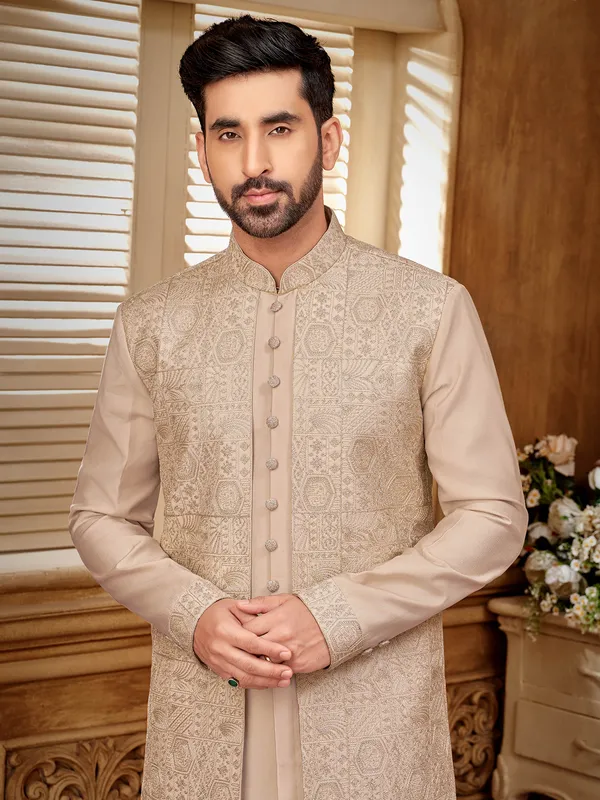 Dusty peach raw silk indowestern jacket for a classy appeal