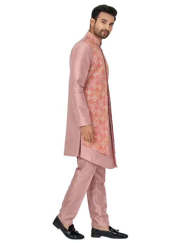 Dusty peach silk printed indowestern