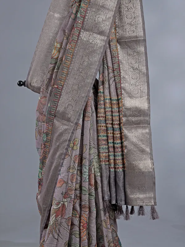 Dusty purple printed saree with zari weaving