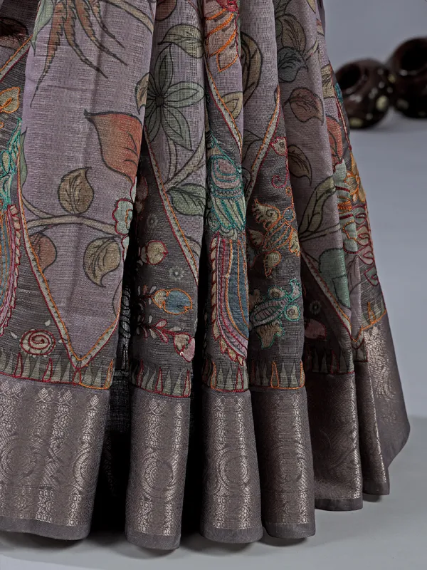 Dusty purple printed saree with zari weaving